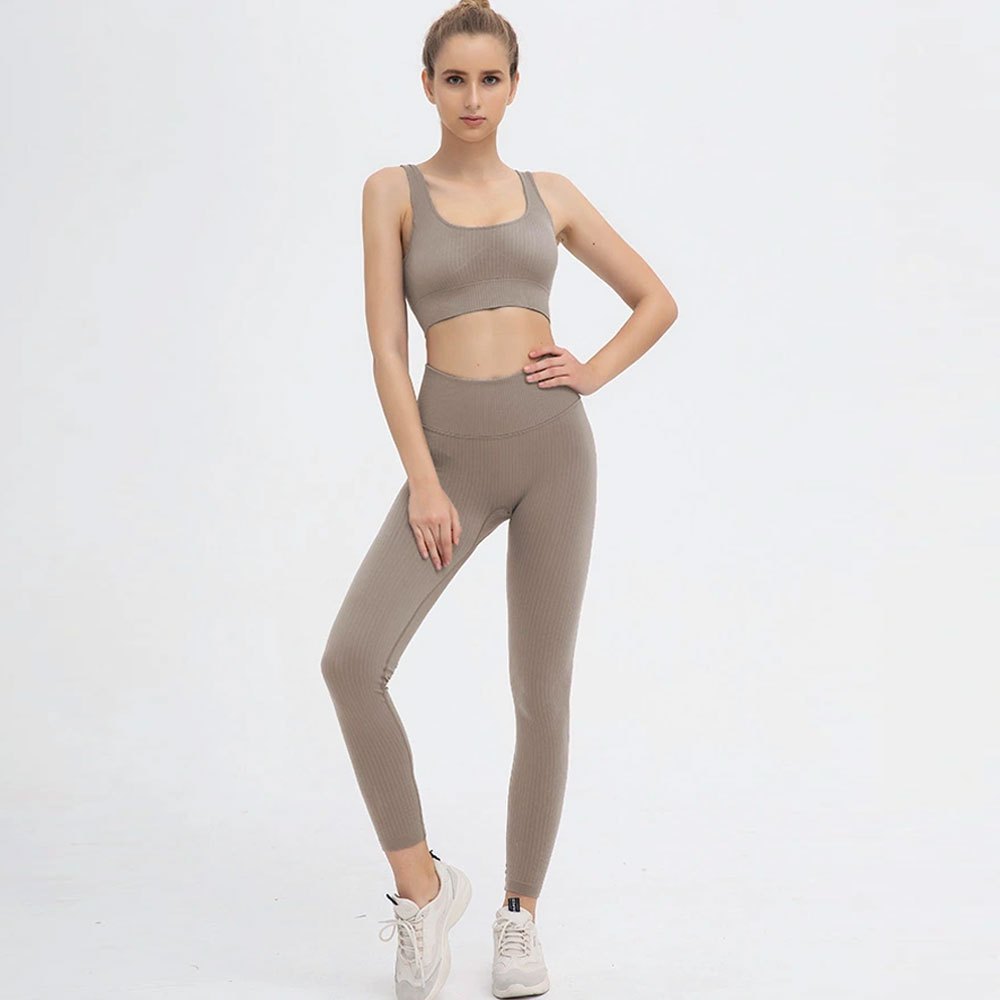Women Solid Yoga Set Front Logo Seamless Workout Clothes Two Piece High Waist Leggings and Sports Bra Fitness Gym Set