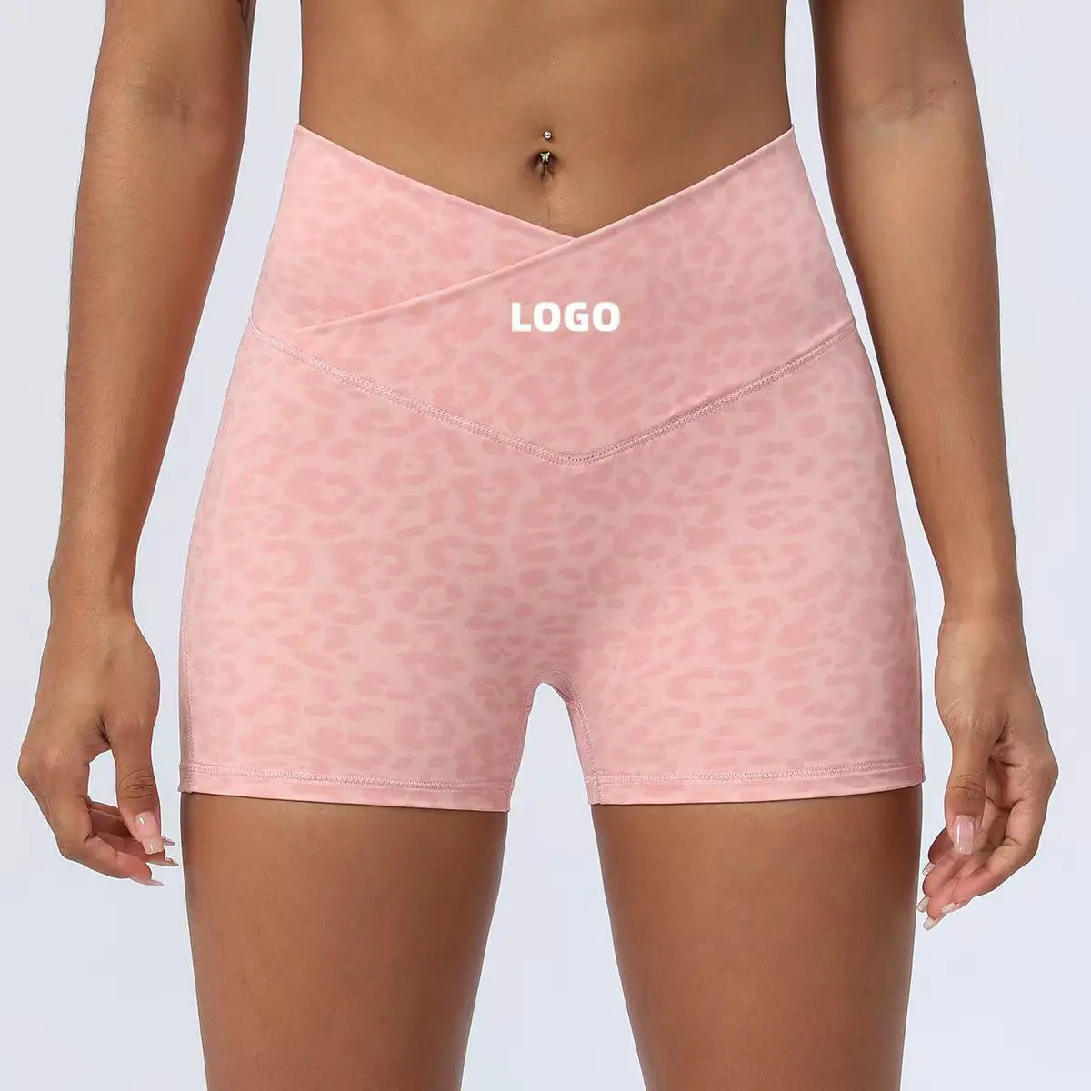 Solid Color Yoga Shorts High Stretch Cross Waist Tight Pants for Running Fitness Peach Hip Three-Point Design Leopard Leggings