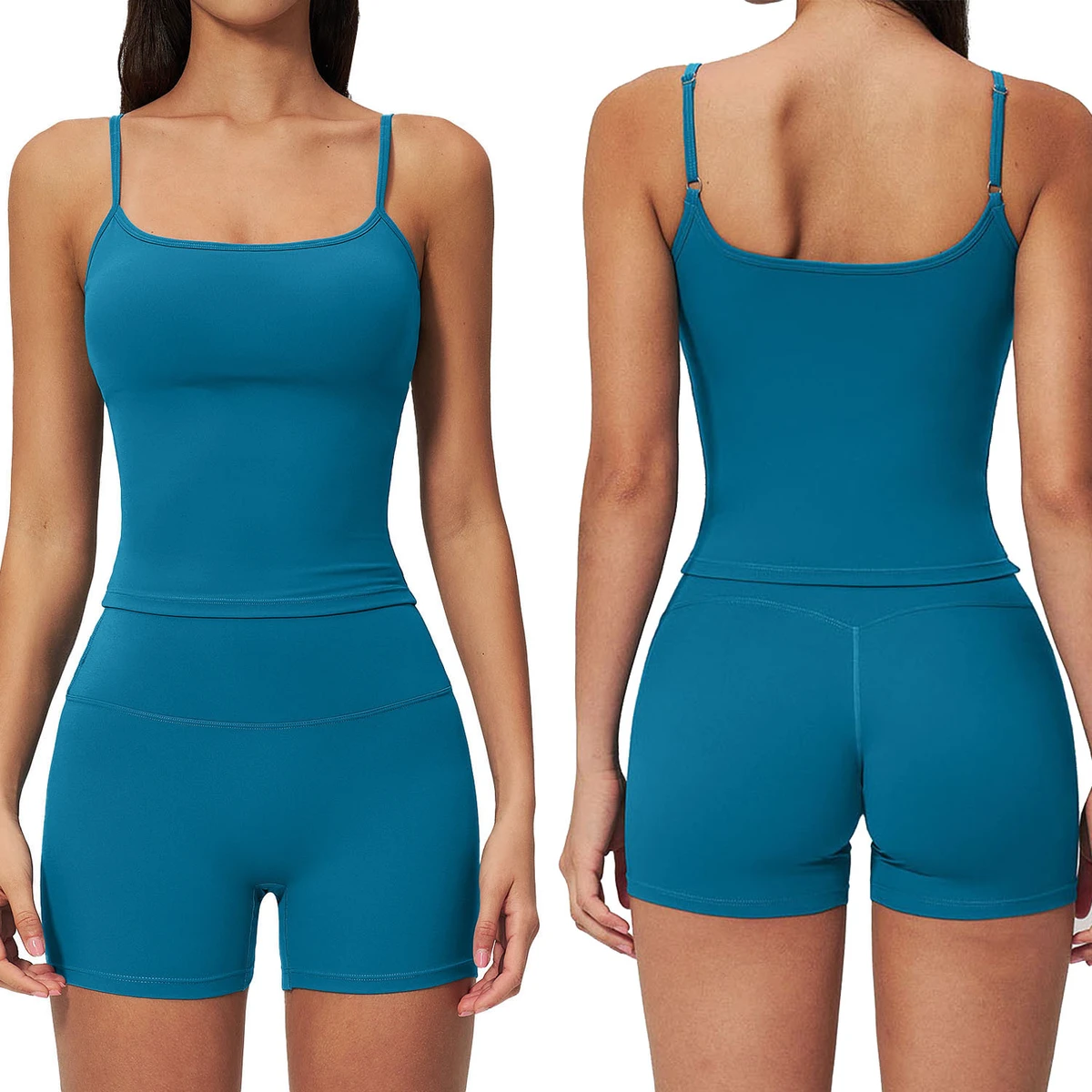 Women's Nylon Spandex Yoga Breathable Compression Quick Dry High Waist Four-Way Stretch Fitness Slimming Tank Top Shorts Set