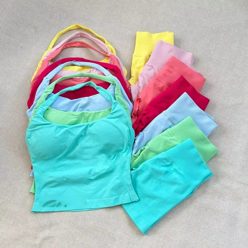 Cross-border for Seamless Solid Spandex/Nylon Yoga Set Women's Shorts Peach Hip Hanging Neck Sports Vest Fitness Set