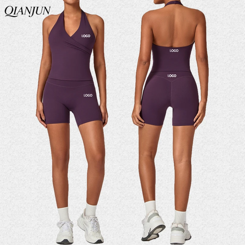 Wholesale Gym Outfits Women Girls 2 Piece Athletic Sets Halter Bra Crop Top High Waist Shorts Pads Custom Logo Workout Clothes
