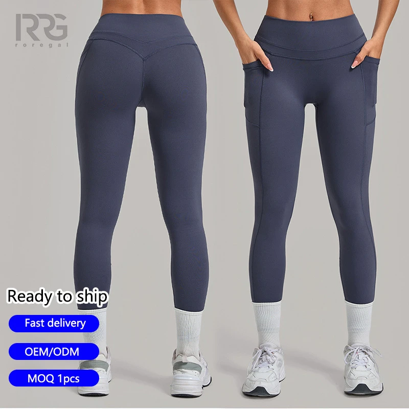 Roregal Naked Feel High Waisted Yoga Pants Side Pockets Gym Running Women Butt Lifting Workout Leggings