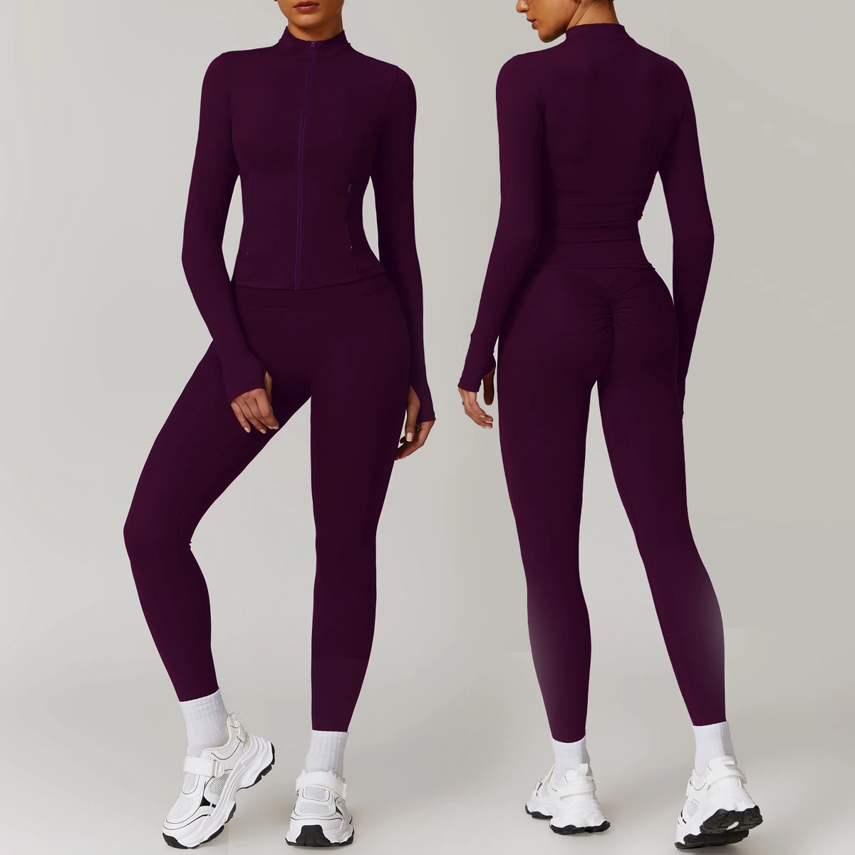 Long Sleeve Trousers Yoga Suit Quick-Drying Breathable Solid Elastic Waist Fitness Wear for Outdoor Training Running Sports
