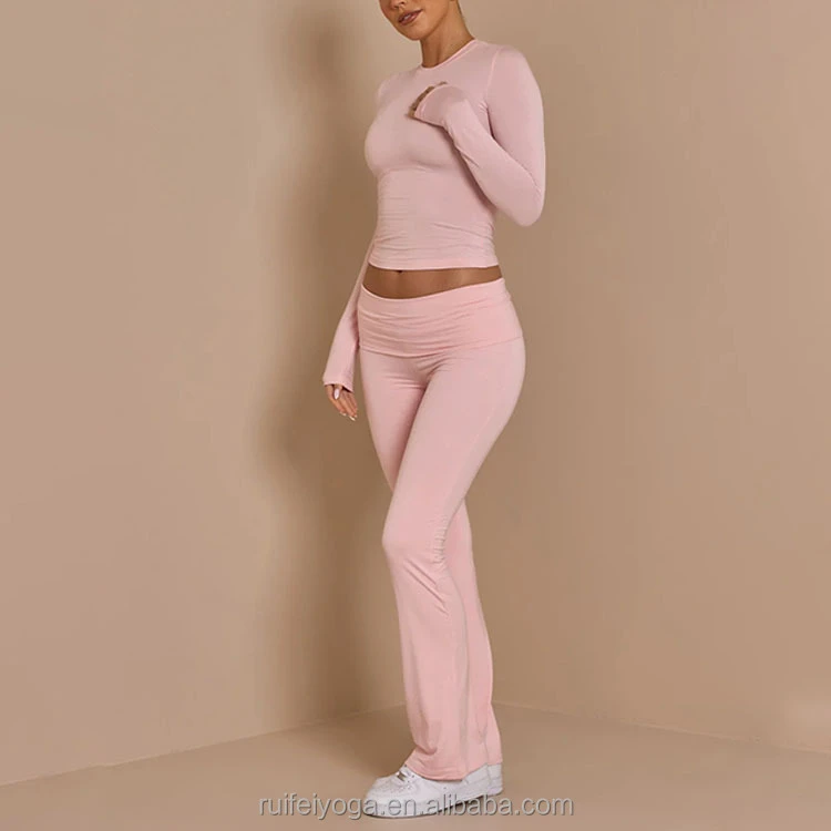 New Fashion Custom Logo Activewear High Waist Trousers Pink Loose Fit Double Layer Fold Over Flared Yoga Pants Women Legging