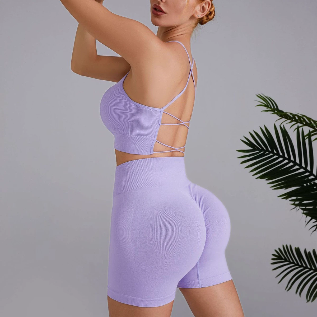 New Solid Breathable High Waist Yoga Sets Cross Sports Bra Drawstring Thin Shoulder Strap Running Vests Push up Shorts Gym Set