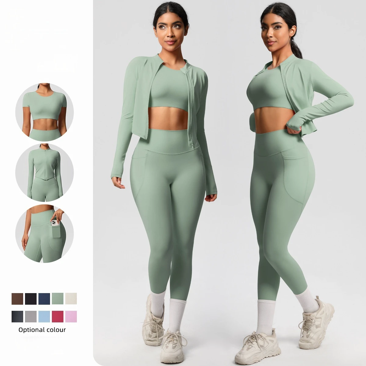 Women's 3PCS Yoga Set High Waist Butt Lift Leggings With Pockets Quick Dry Cloud Sense Fitness Suit for Running Workout