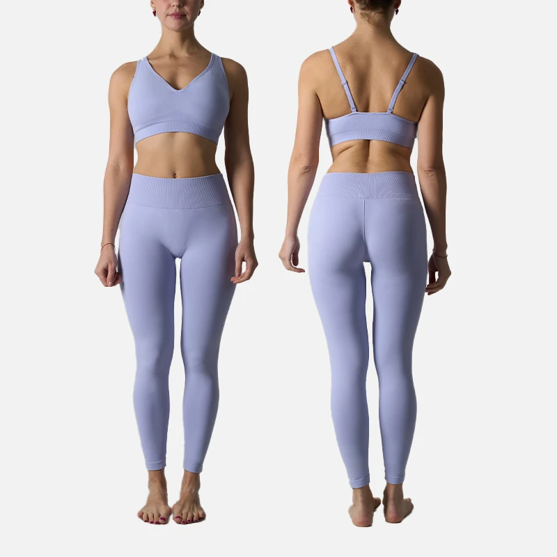 SK5125&SK5122 Seamless Solid Plus Size Seamless Knit Yoga Set High Stretch Deep V-Neck Tank Top High Waist Lift-Hip Leggings