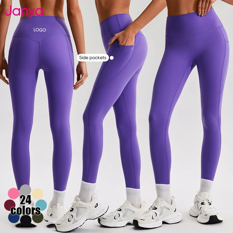 Janya TikTok Style Solid Tummy Control Squat Proof Gym Fitness Pants Custom Logo Side Pockets High Waist Yoga Leggings for Women