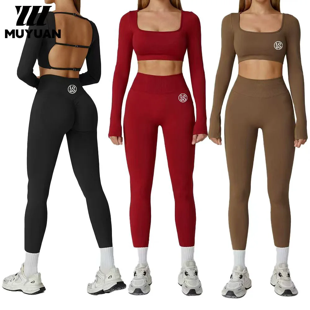 Nylon Spandex Solid Seamless Backless Long Sleeve Yoga Wear Set for Women High Waist Scrunch Butt Eco-Friendly Breathable Quick