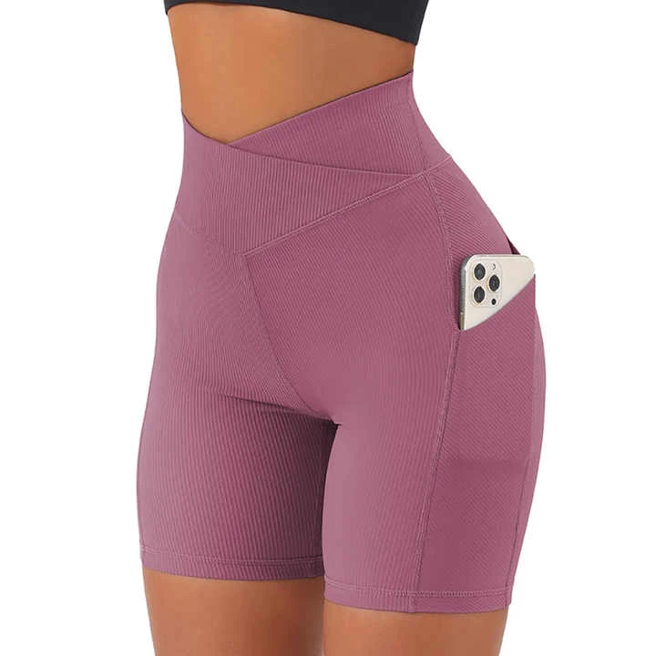 High Waist Ribbed Yoga Shorts With Side Pockets For Women Sporty Solid Color Breathable Knitted Fit