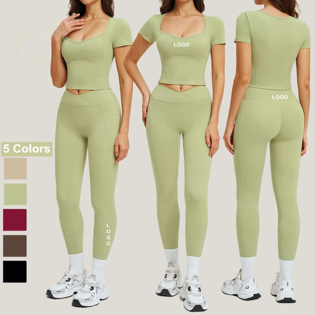Custom Activewear Women Clothes Two Pieces New Solid Color Short-Sleeved Crop T-Shirt High Waist Leggings 2pcs Yoga Suit Set