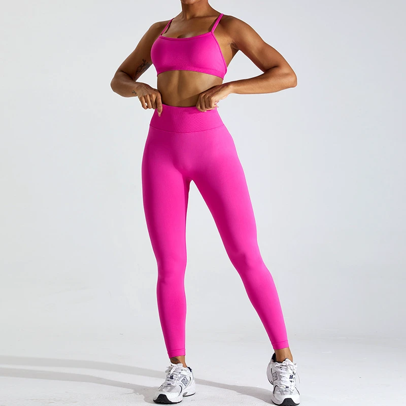 Women's Quick Dry Cross Back Thin Strip Workout Bra and Outdoor High Waist Seamless Jogging Yoga Pants 2 Pieces