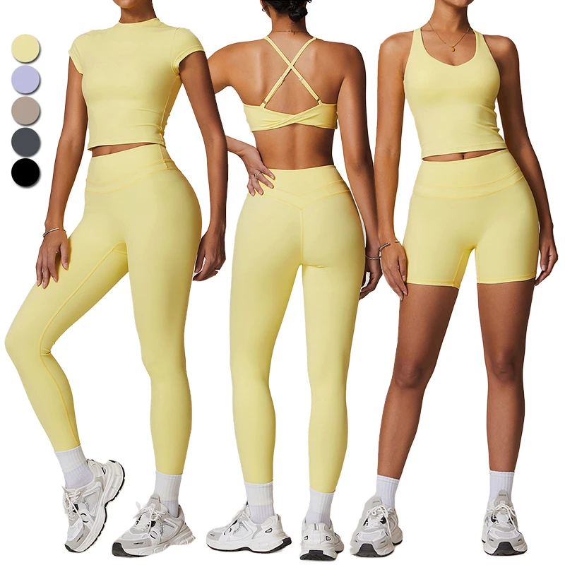 5 Pcs Yoga Wear Womens Quick Dry Gym Sets Activewear Running Workout Clothing Sexy Sports Fitness Bra Hight Waist Gym Leggings