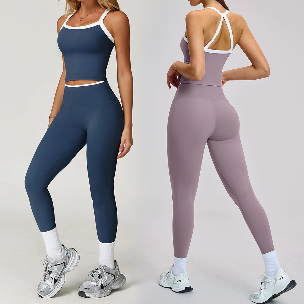 Custom Women's 2-Piece Yoga Sets Contrast Binding Spaghetti Strap Crop Top High Waist Butt Lifting Leggings Breathable Gym Sets