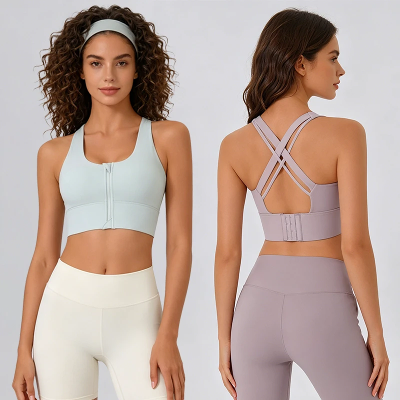 Front Zipper Sports Bra with Hook High Support Women Wireless Yoga Top Adjustable Back Closure Bralette Shockproof Activewear
