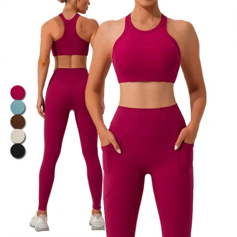 New 2 Pcs Ribbedd Workout Set Women Clothing Active Wear Gym Fitness Pockets High Waist Yoga Legging Set