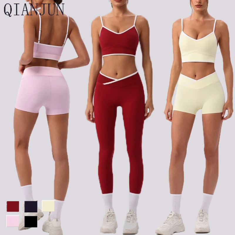 Custom Women Contrast Color Striped Yoga Outfits High Stretch Adjustable Strap Crop Top Cross Waist Leggings Gym Fitness Set