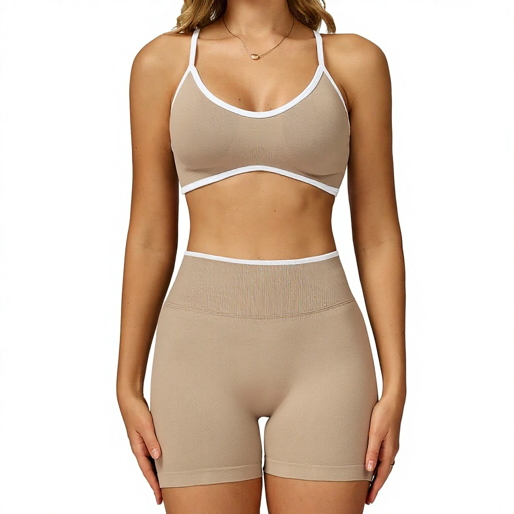 Women's Yoga Sports Bra Set Beige Crisscross Straps Scoop Neck Contrast Binding Breathable Eco-Friendly Quick Dry Medium Front