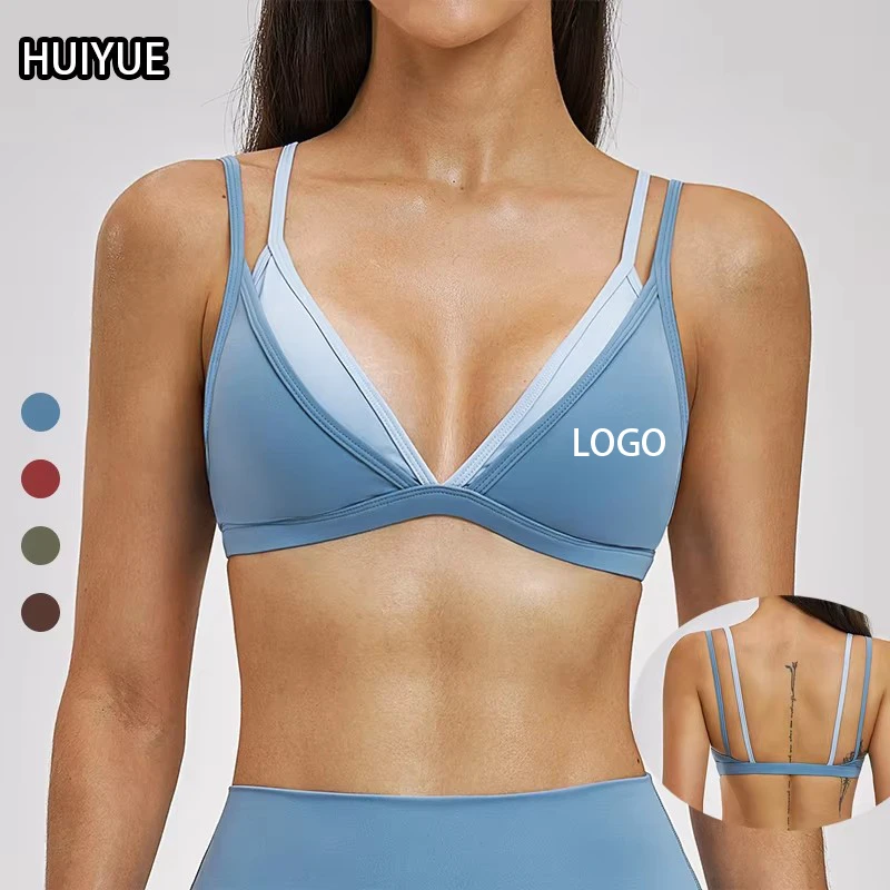 Breathable Quick Dry Lightweight Custom Logo Layered Backless Halter Yoga Sports Bra with Removable Chest Pad for Women