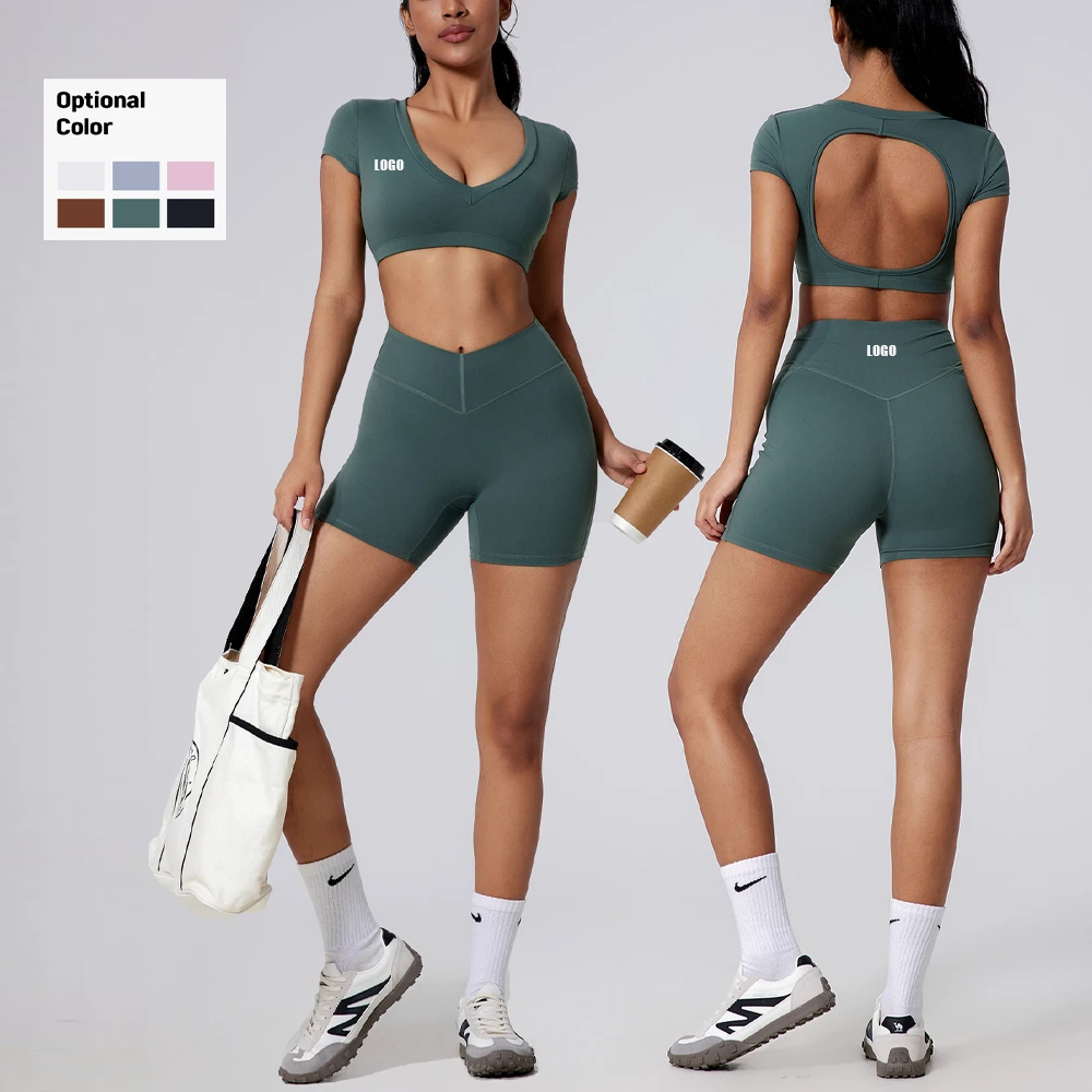 2025 New Arrival Sports Shorts Backless Bra Crop Top Two Piece Sets Yoga Exercise Fitness Clothes Active Wear for Women