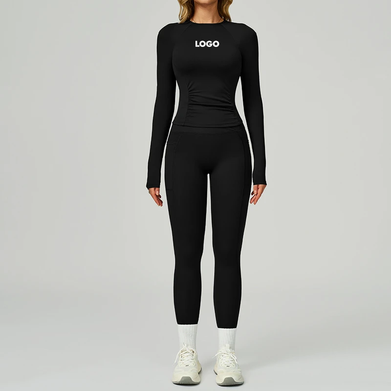 Logo Custom Service Slim Women Sports Yoga Set Eco-friendly Spandex Fabric Gym Wear Quick Dry Yoga Long Sleeve Top And Leggings