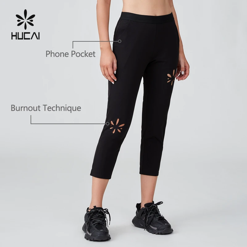 HUCAI Custom logo Polyester Tummy Control Workout Sports High Waist Burnout Women Crop Gym Leggings Yoga Pants With Pocket