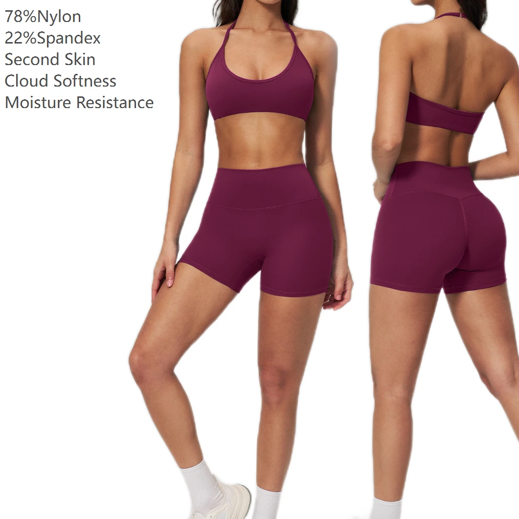 Custom Logo Solid Breathable Yoga Fitness Wear Women Set Two Pieces Bra High Waist Shorts Activewear Ropa Deportiva Mujer Summer