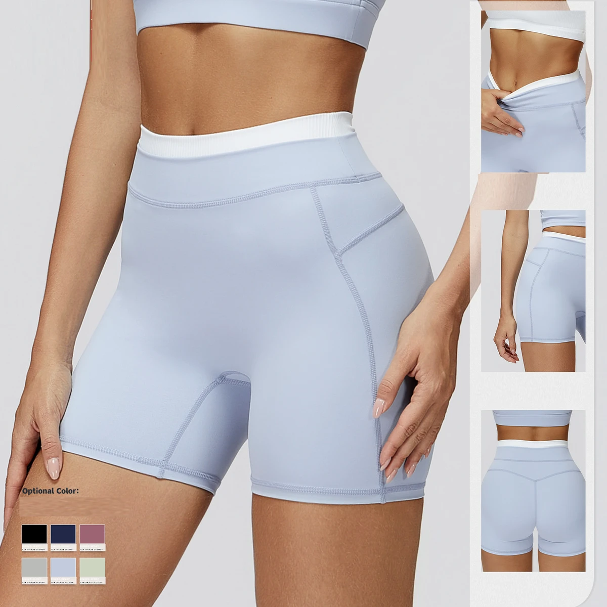 Color-blocked Yoga Shorts Ribbed High-waisted Tight-fitting Yoga Pants Women's Outdoor Running Sports Shorts