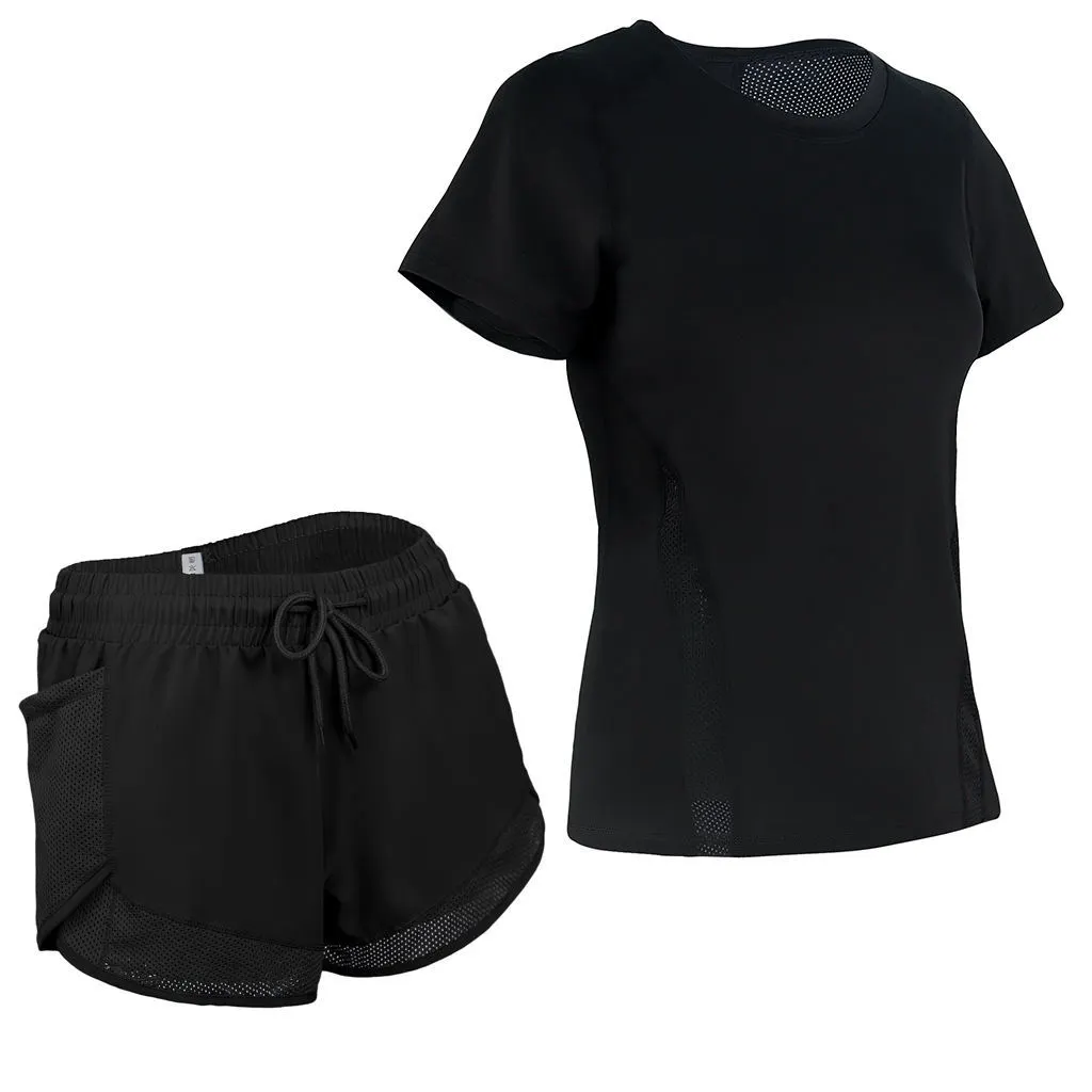 Custom Casual T Shirt Mesh Breathable Print High Waisted Elastic Waist Crop Top Shorts 2 Piece Set Spandex Spring Quick Dry Yoga