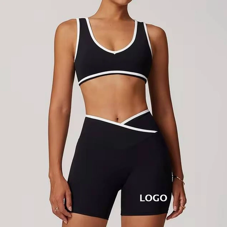 Custom Color Contrast Sleeveless Breathable Gym Fitness Top Sports Bra Workout Shorts Shockproof Women's 2-Piece Yoga Set