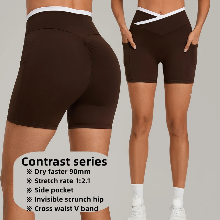 Cnshell High Waist Cross V Front Band Shorts Invisible Scrunch Hip Side Pocket 4 Way Stretch Yoga Fitting Athletic Wear