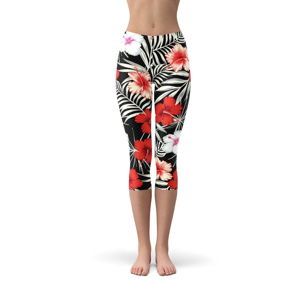 Women's Flower Print Fashion Athletic Apparel Factory Direct Supply High Waist Tight Yoga Pants with Pocket Sexy Leggings