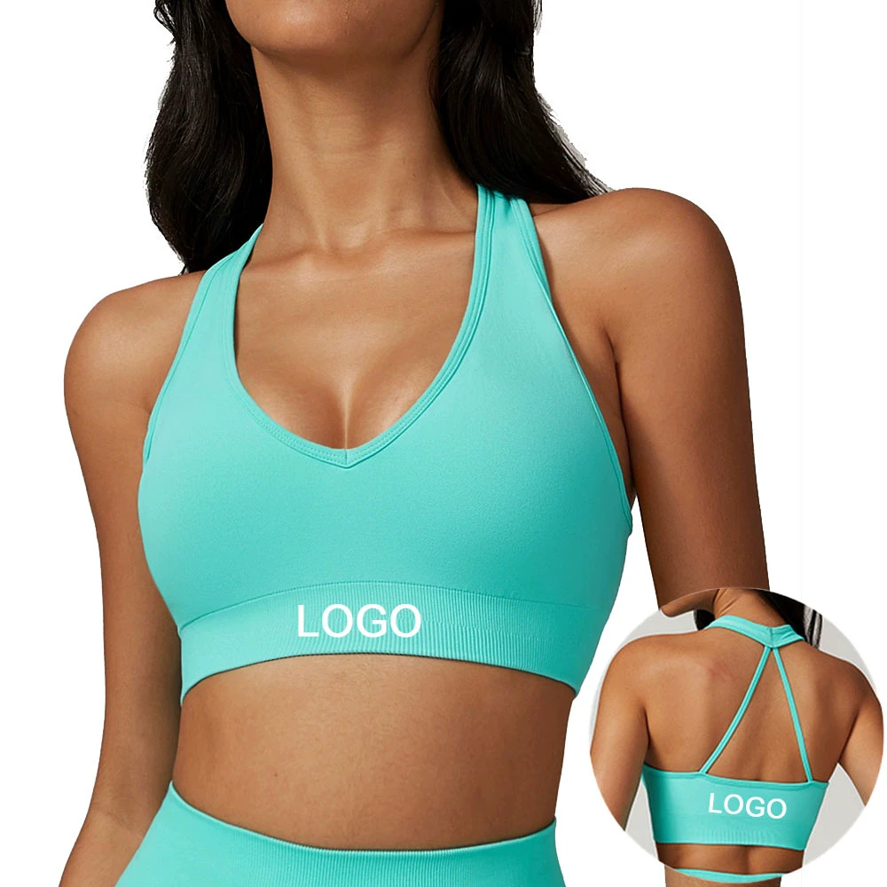 Custom Sweat-Wicking High Support U Neck Halter Sports Bra Breathable Fitness Vest Tops Ribbed Bottom Hem Running Gym Yoga Bra