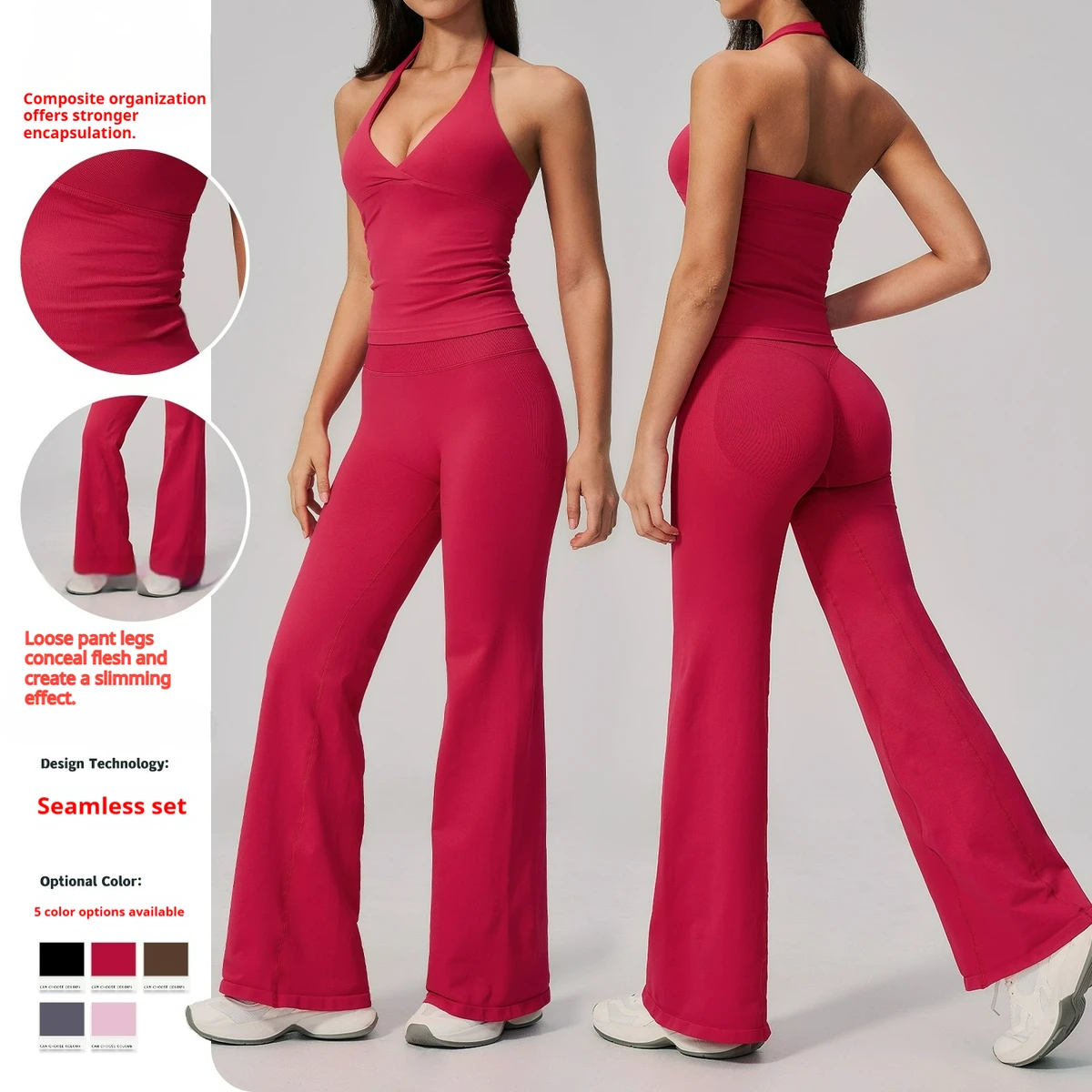 Women Seamless 2 Piece Outfits Workout Yoga Sports Track Suits Halter Neck Crop Top High Waist Flared Pant Sets Custom