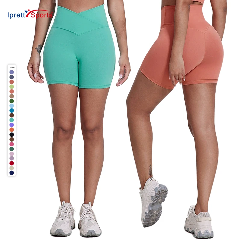 Bright Color High Waistged Yoga Pants Nude Feeling Sports Shorts Crossover Style Three Part Pants Fitness
