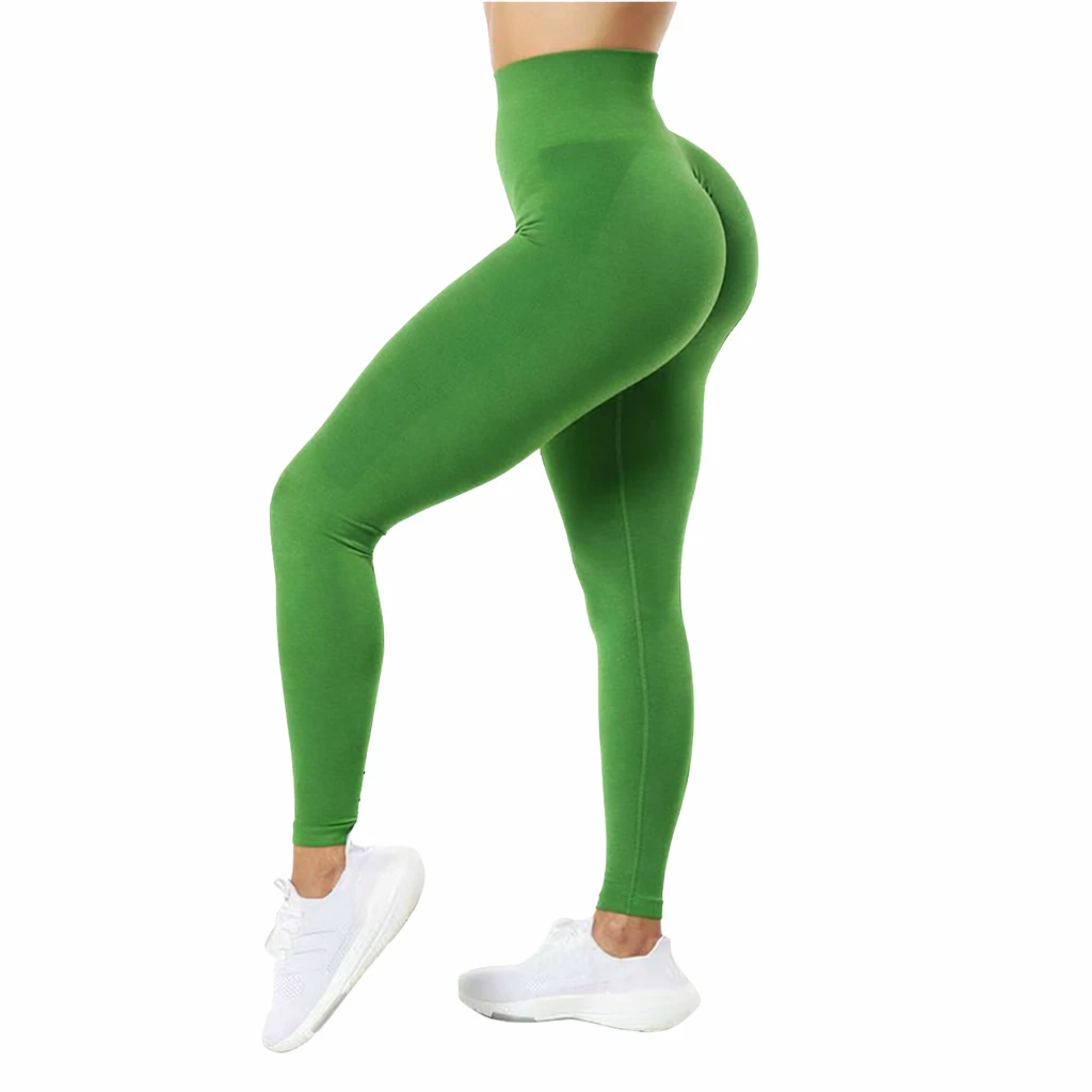 High Waist Green Yoga Leggings Full Length Seamless Four-Way Stretch Women's Fitness Pants Solid Color Elastic Waist