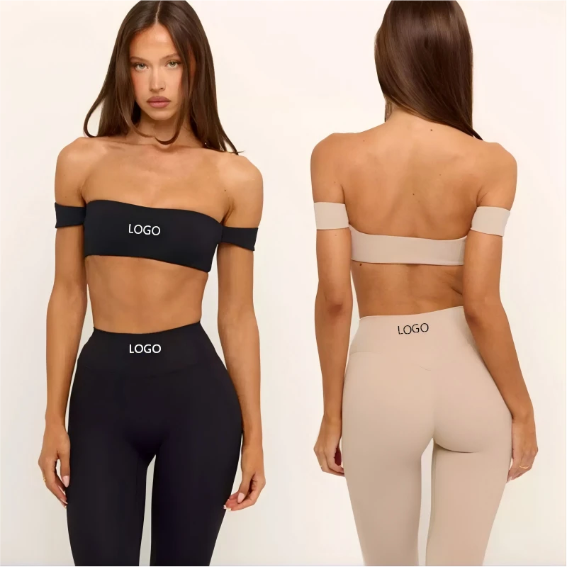 Women 2 Piece Outfit Casual Daily Workout Yoga Set Off the Shoulder Crop Sports Bra High Waist Seamless Leggings Custom Logo