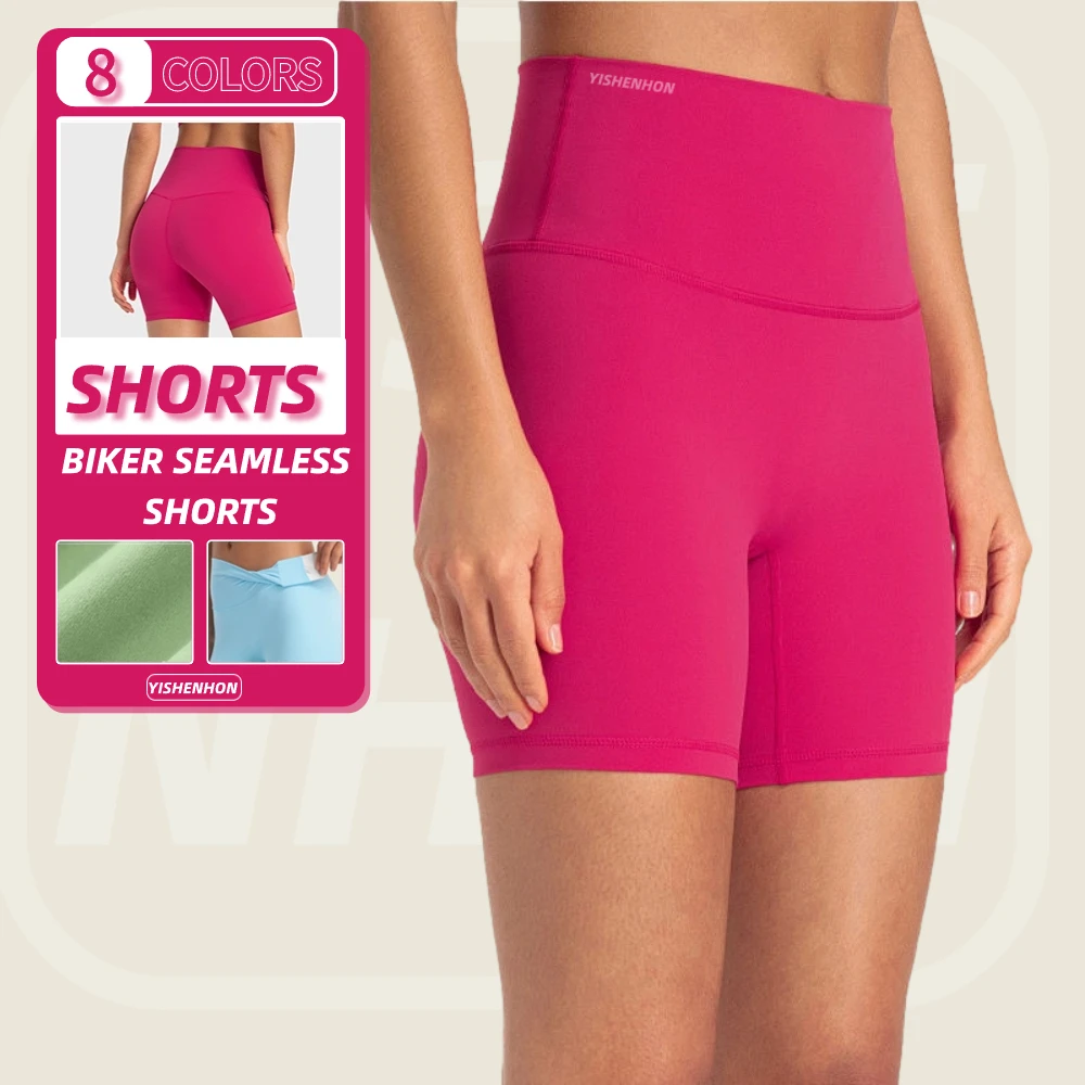YISHENHON Pantalones Cortos Custom Logo Nylon Spandex Side Pocket Tight Fit Yoga Fitness Shorts High Waist Gym Shorts Stretch