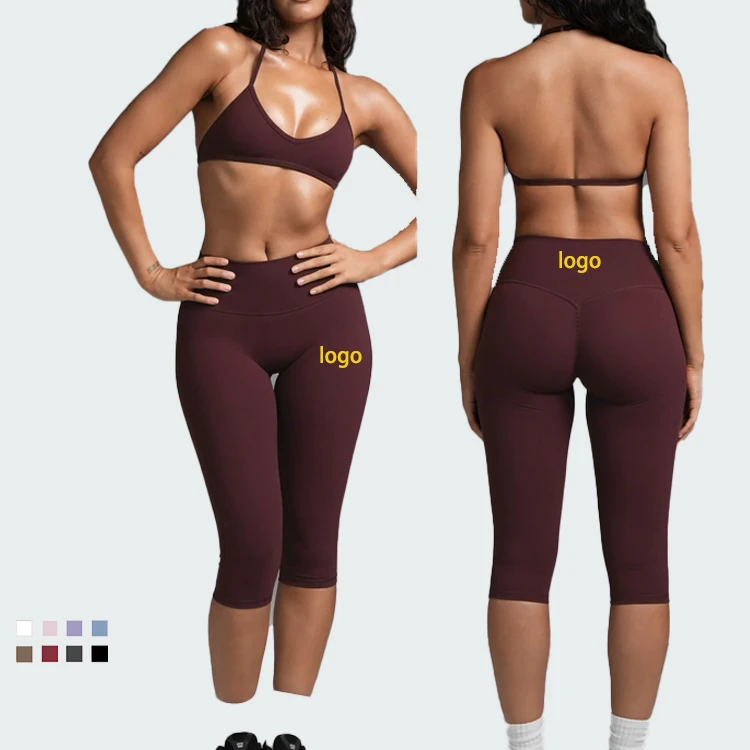 New Solid Halter Neck Beauty Back Breast-revealing Underwear Yoga Suit 2-Piece Spandex/Nylon Fitness Cropped Pants
