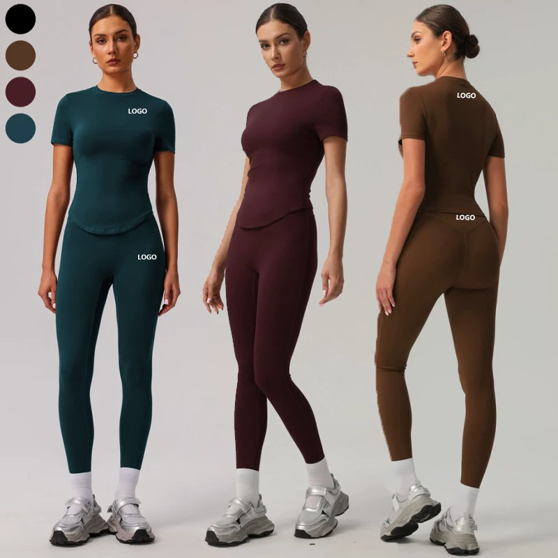 XW-sm2392-9 Hot Sale Round Neck Soft Sports Short Sleeve Top High Waist Breathable Fitness Trousers Women Gym Yoga 2 Piece Set