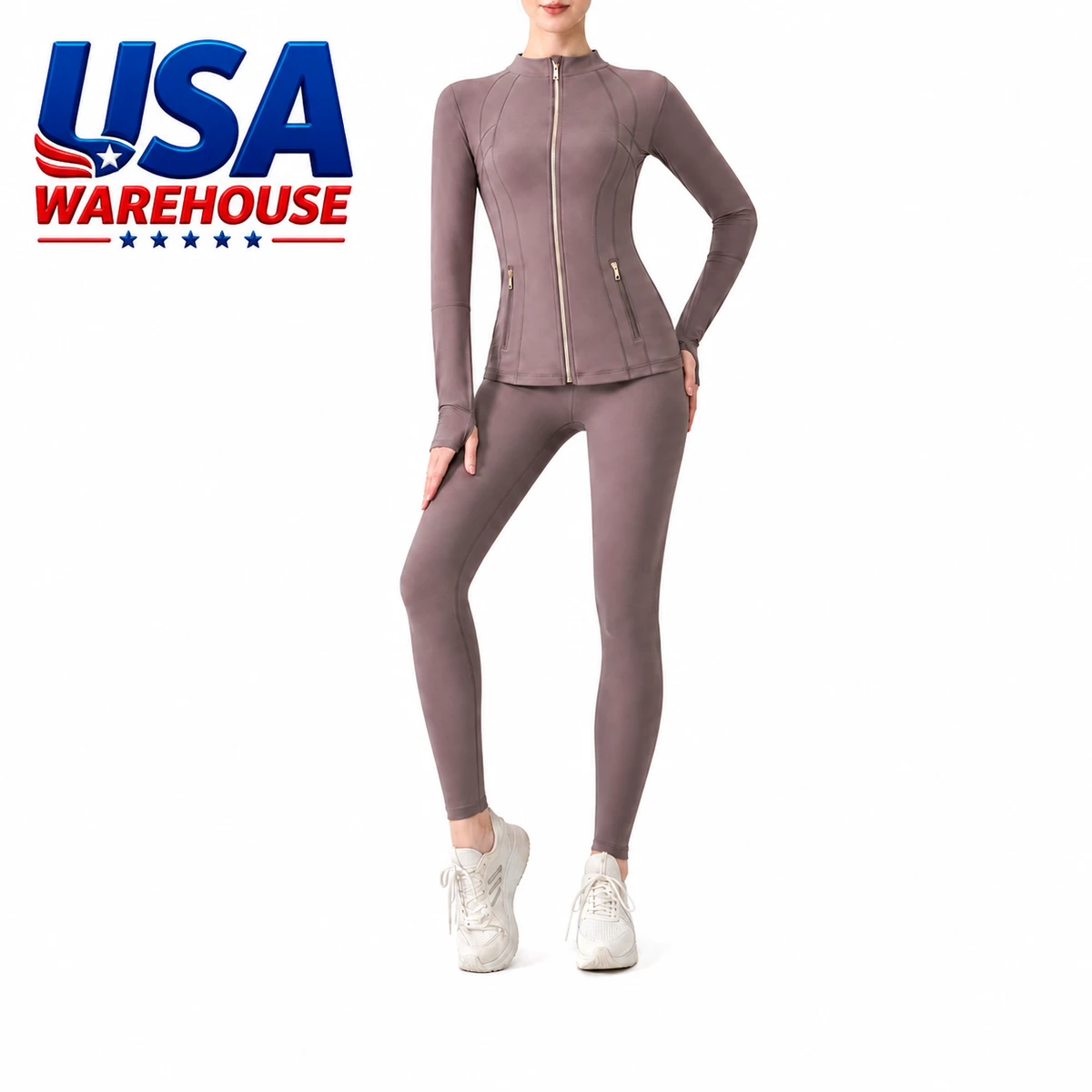 Women's Solid Spandex/Nylon Yoga Sports Jacket 2-Piece Set Quick Dry Breathable Slim Fit High-Waisted