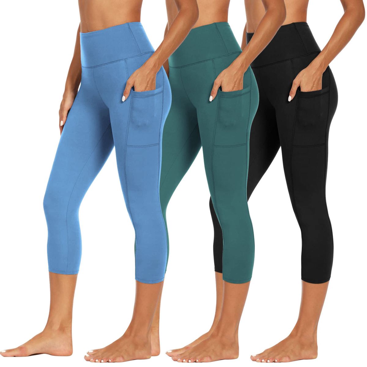 High Waisted Black Capri Leggings for Women Solid Elastic Waist Closure with Pockets Knee Length Yoga Workout Pants Buttery Soft