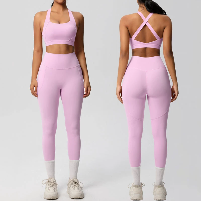 Hot Selling Women's S-XL 2-Piece Seamless Yoga Set Breathable Cross Back Sports Bra High Waist Pants Lightweight with Pocket