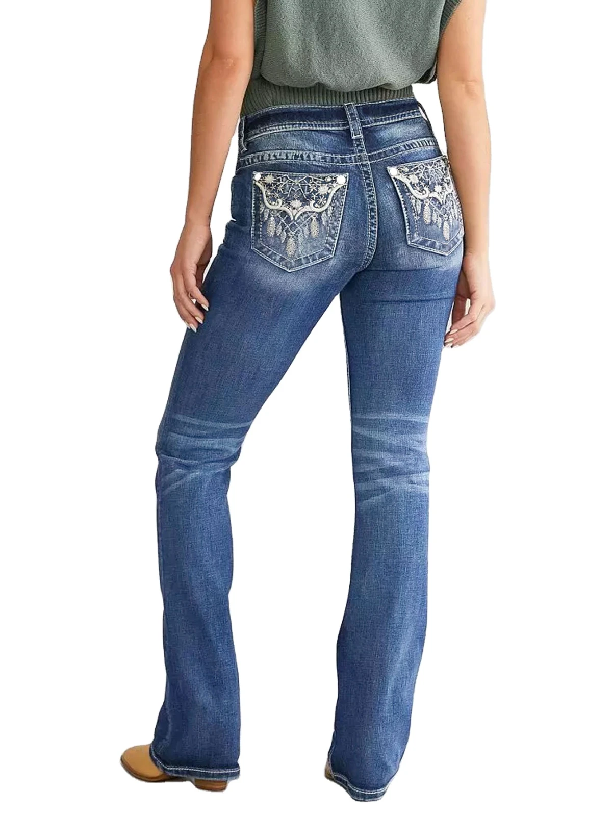 Wholesale Women's Embroidered Bootcut Jeans | Premium Western-Glam Heavyweight Denim | Retro Mid-Rise Washed Flare Pants | Quick