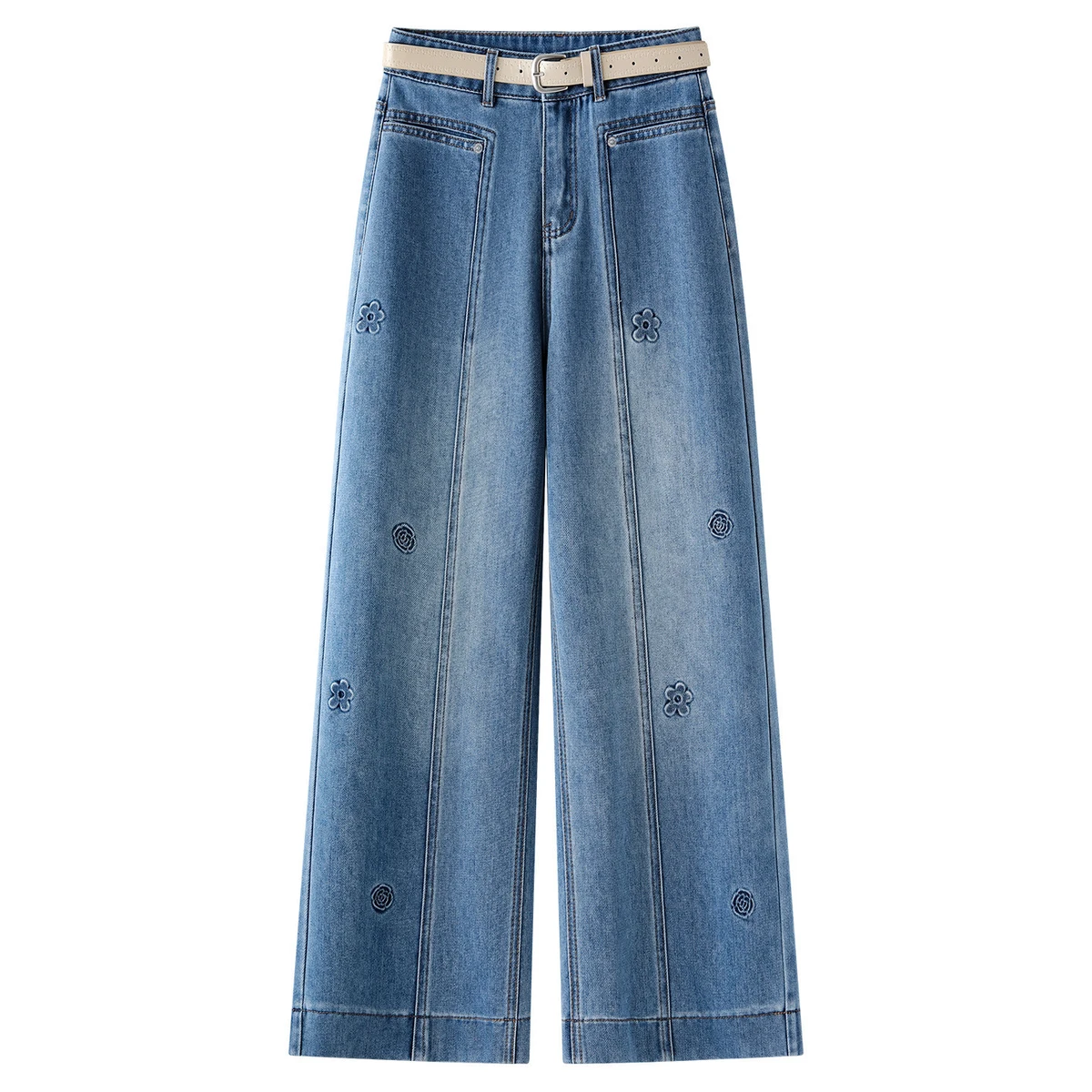 Women's Mid-Rise Regular Fit Straight-Leg Vintage Jeans 2026 Spring New Blue Embossed Casual 100% Cotton Quick Dry Light Wash