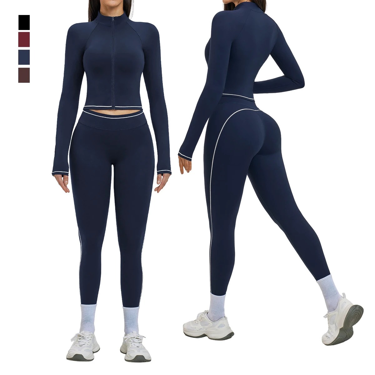 Women Fitness Set Full Zipped Crop Top Long Sleeve Gym Jacket Elastic Contrast Stitch High Waist Leggings Quick Dry Yoga Suit