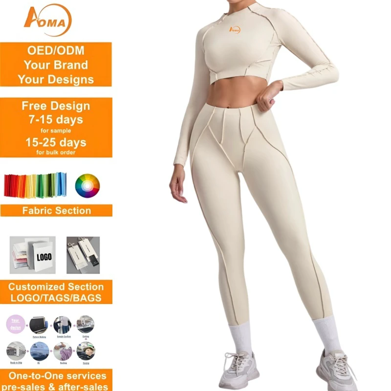 Aoyema Custom Logo Sports Wear Hot-Selling Suits Compression Stretchy Long Sleeve Cropped Quick Dry Yoga Leggings and Tops Set