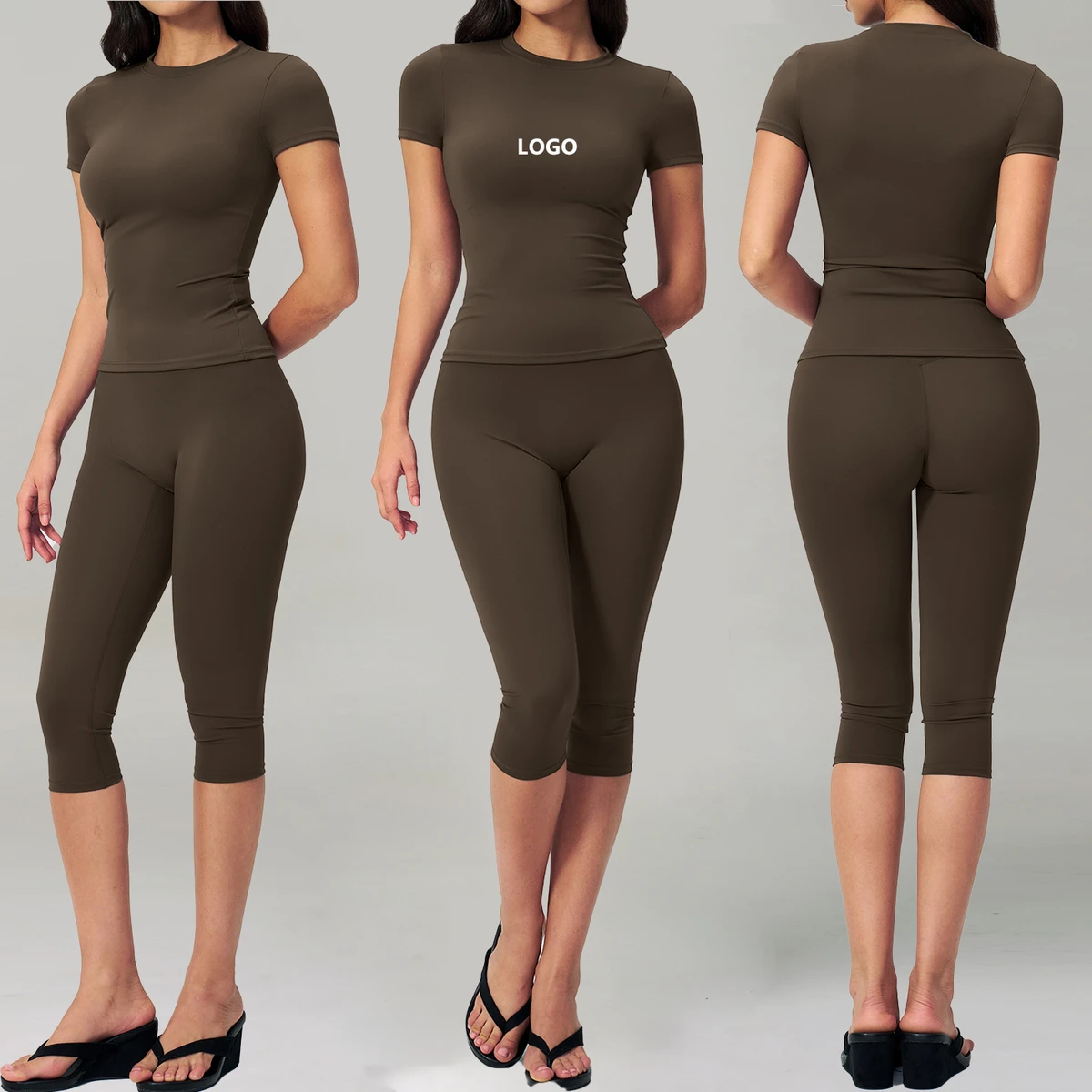 Multi-Way Crop Top 2-Piece Outfit Gym Pilates Daily Activewear Custom Round Neck T-Shirt High Waist Capri Leggings Yoga Suit