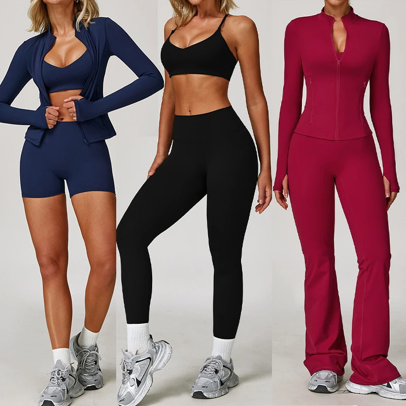 Sportswear Yoga Workout Sets Sports Bra Zip up Jacket and Butt Lifting Shorts Flared Pant Leggings Gym Yoga Sets Fitness Clothes