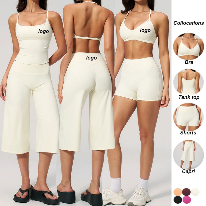 Custom Logo Capri Yoga Sets Removable Pads Spaghetti Strap Vest Gym Outfit Summer Breathable Stretchy Workout Sets for Women